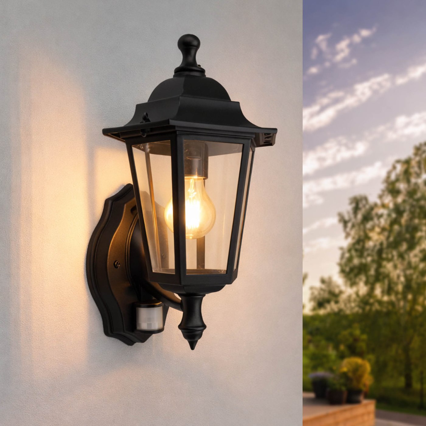 LED Outdoor Wall Light with PIR Sensor - E27 - Waterproof - Black - Lantern - Vintage - Dimmable