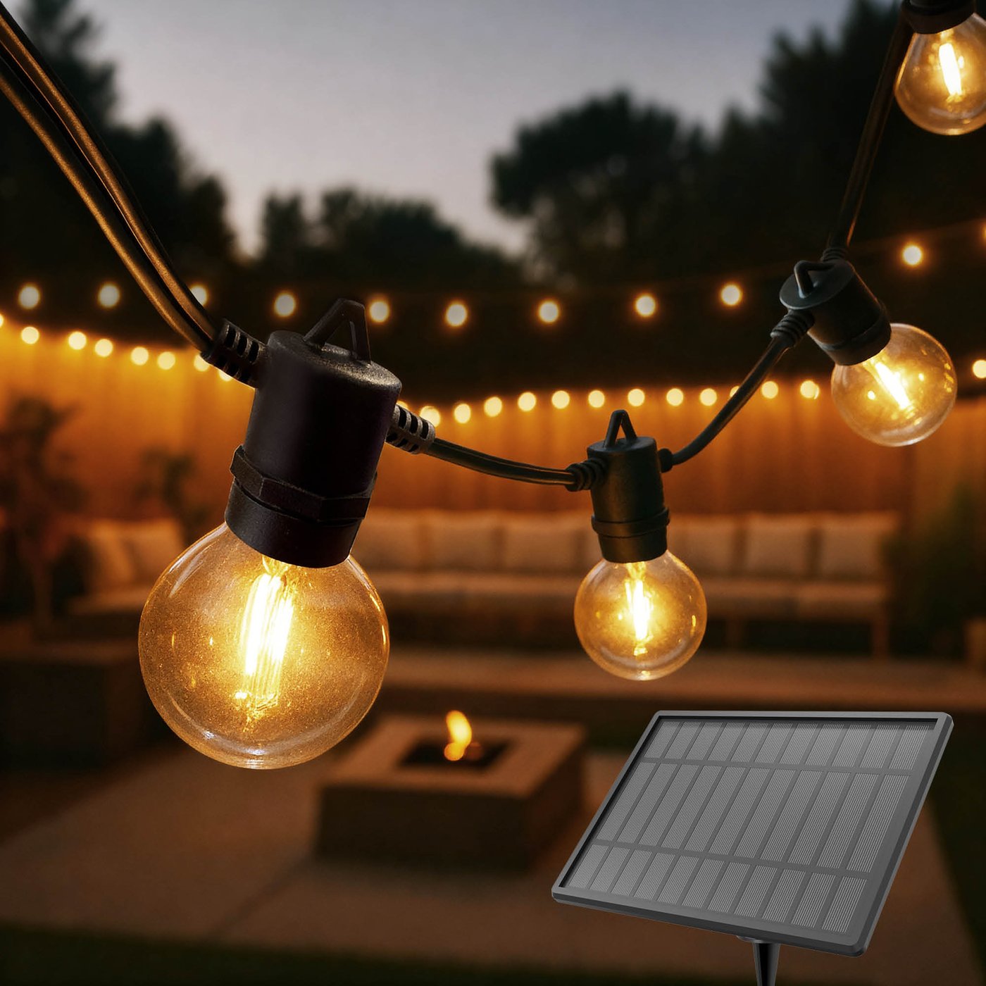 30m Solar LED Lichterkette - 2200K - 12V - IP54 - Inkl. LED Lampen - G40 - Plug & Play