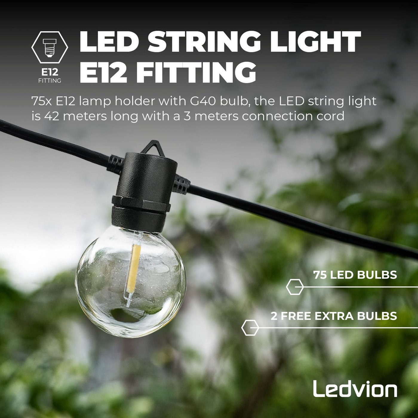 Catena Luminosa LED Per Esterni G40, 10 M, 17 Lampadine Bianco Caldo, IP44, 220-240V, Con Lampadina Di Ricambio, Per Giardino E Balcone