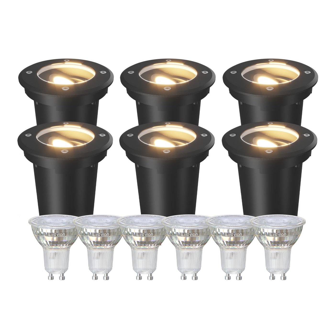 6x Spot LED Encastrable de Sol Rond - IP67 - 3W - 2700K - Câble 1M - Noir - Orientable