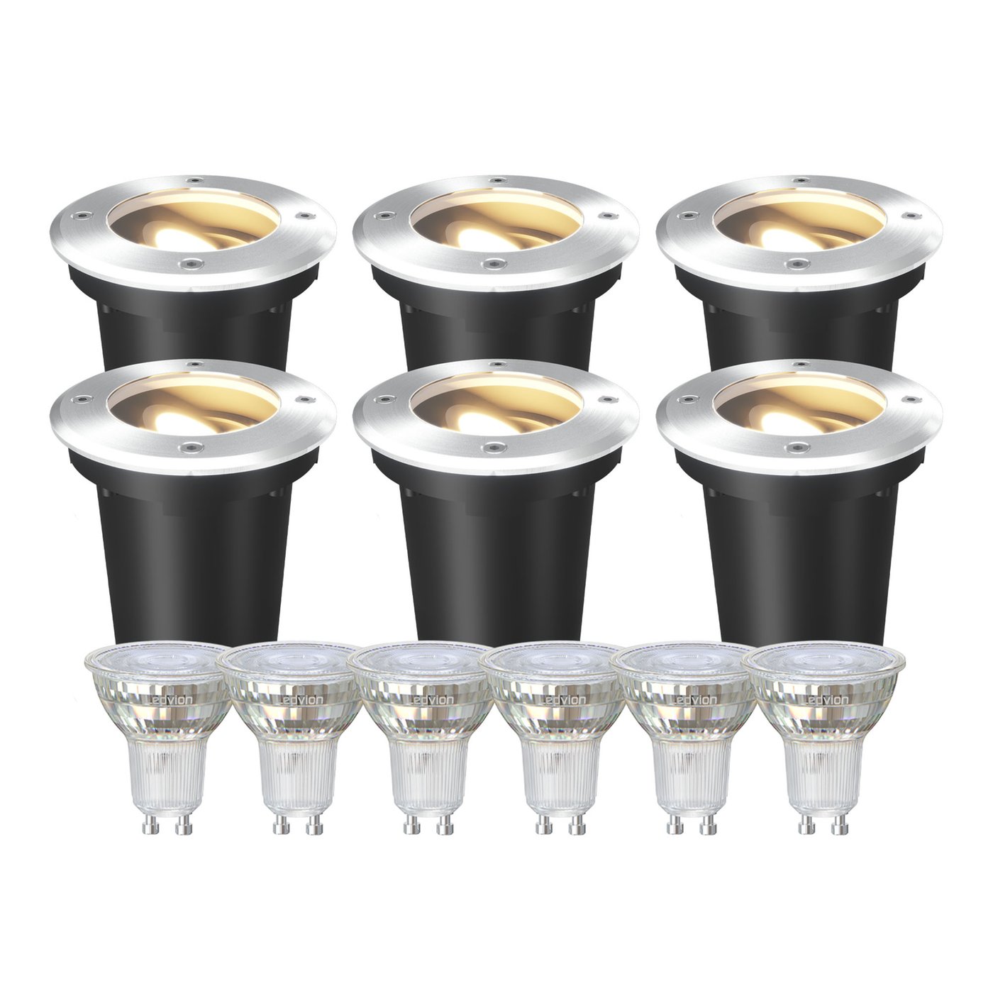 6x Spot LED Encastrable de Sol Rond - IP67 - 3W - 2700K - Câble 1M - Inox - Orientable