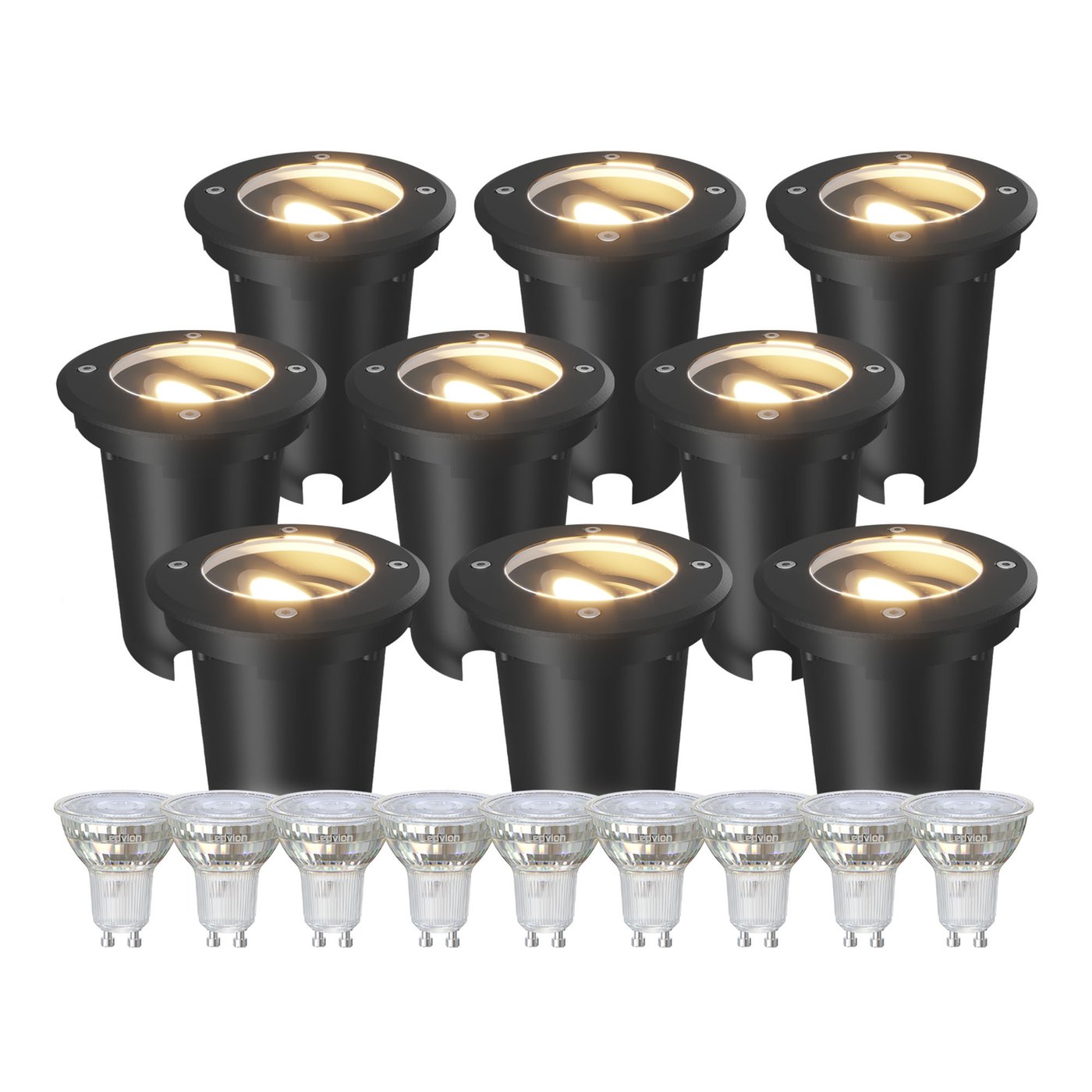 9x Spot LED Encastrable de Sol Rond - IP67 - 3W - 2700K - Câble 1M - Noir - Orientable