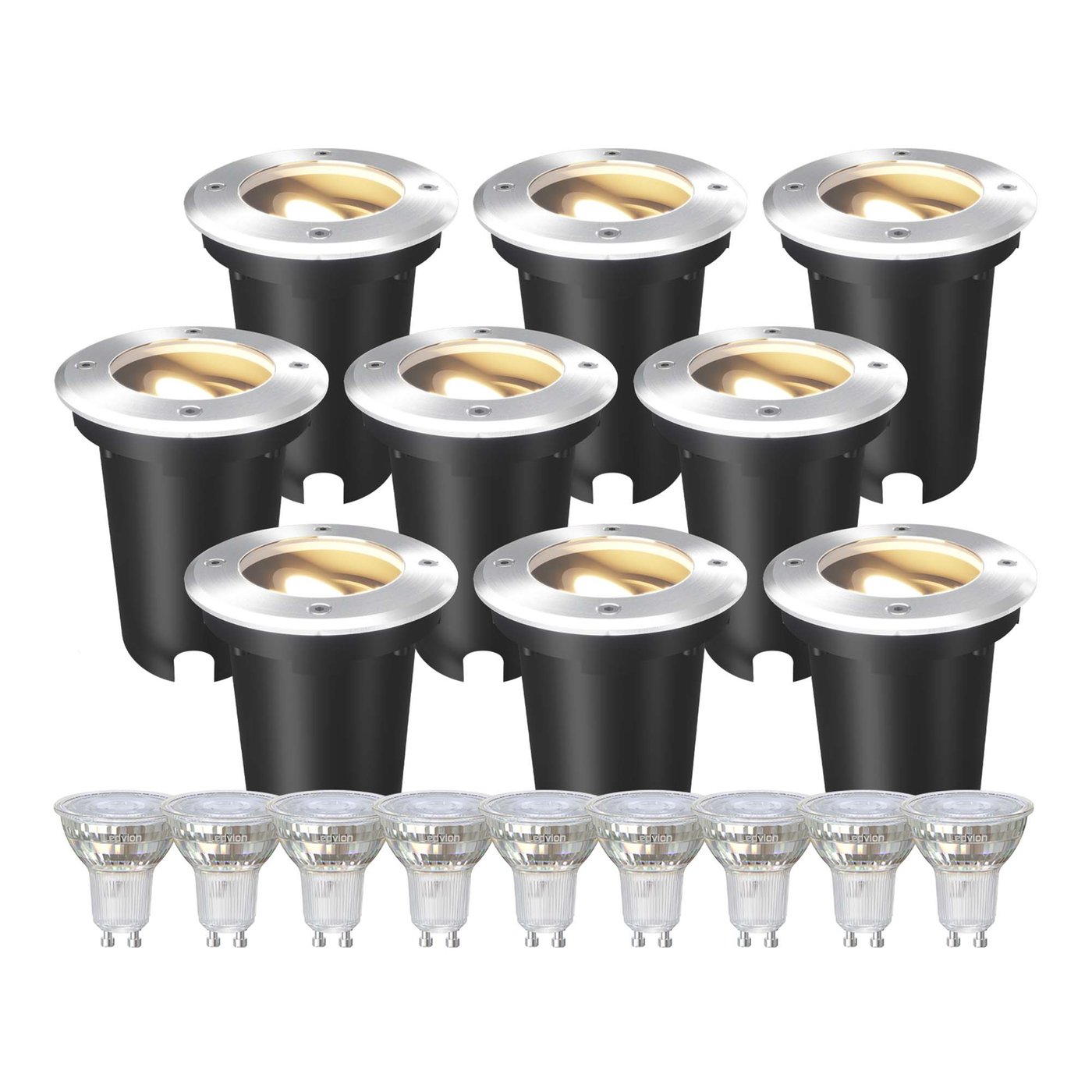 9x Spot LED Encastrable de Sol Rond - IP67 - 3W - 2700K - Câble 1M - Inox - Orientable