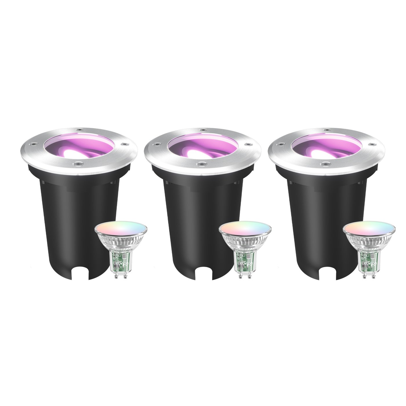 3x Spot LED Encastrable de Sol Intelligent Rond - IP67 - 4.9W - RGB+CCT - Câble 1M - Inox - Orientable