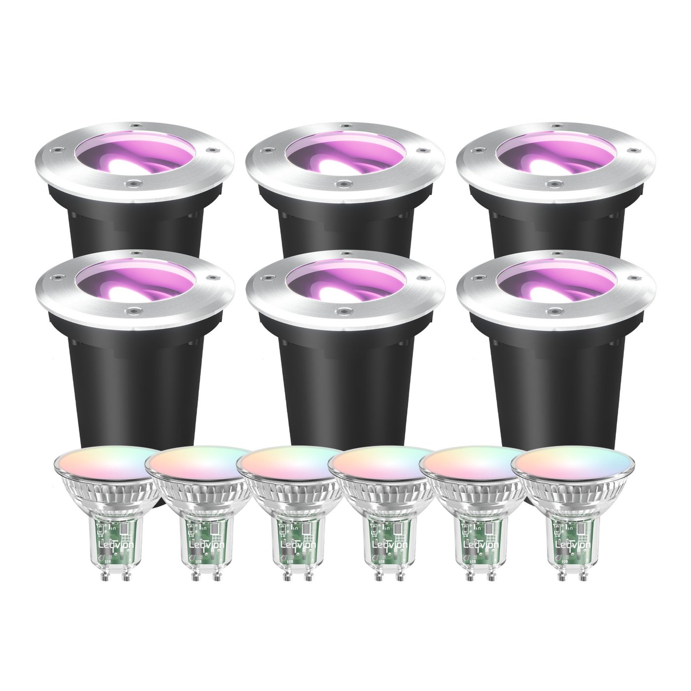 6x Spot LED Encastrable de Sol Intelligent Rond - IP67 - 4.9W - RGB+CCT - Câble 1M - Inox - Orientable