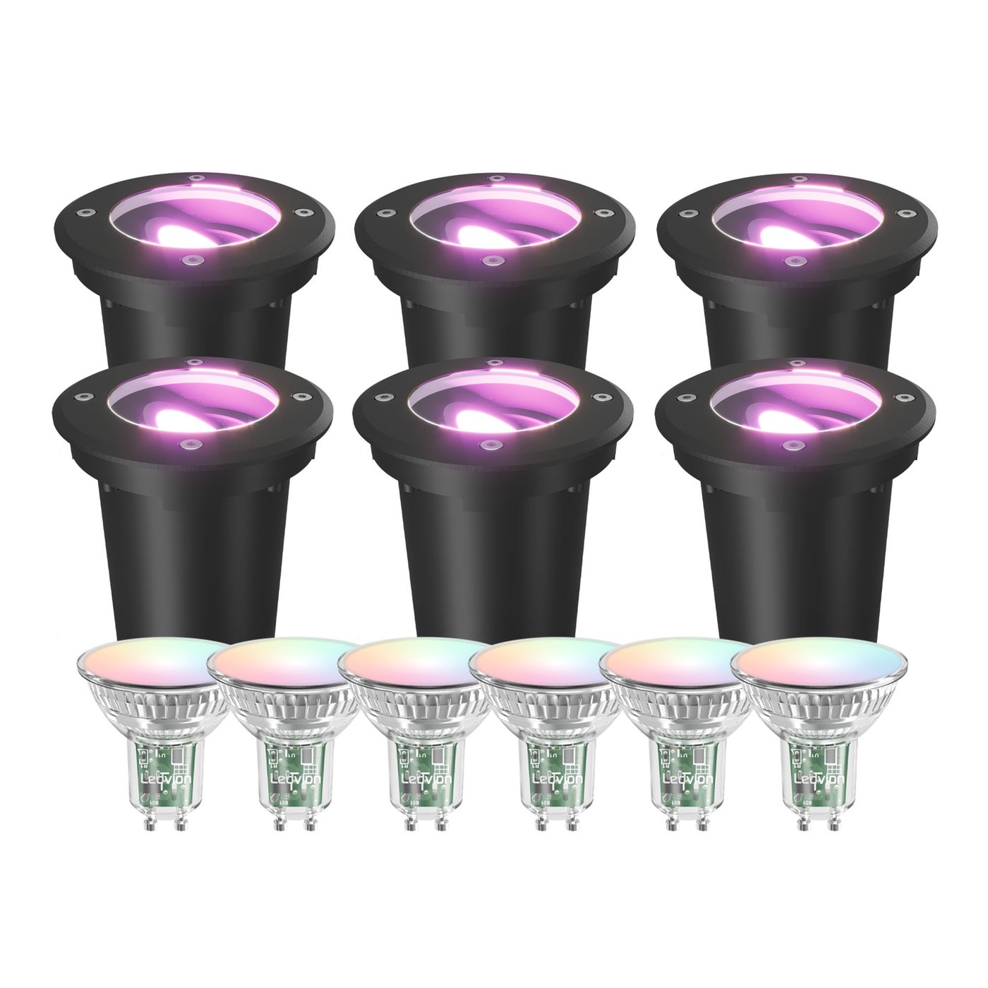 6x Spot LED Encastrable de Sol Intelligent Rond - IP67 - 4.9W - RGB+CCT - Câble 1M - Noir - Orientable