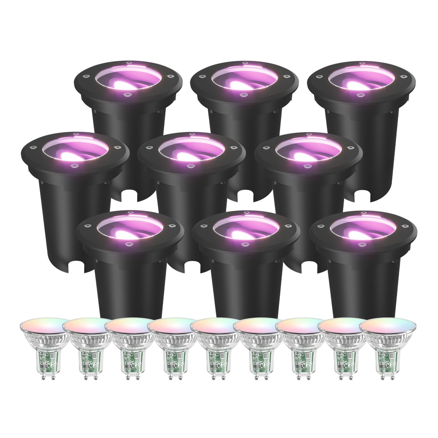 9x Spot LED Encastrable de Sol Intelligent Rond - IP67 - 4.9W - RGB+CCT - Câble 1M - Noir - Orientable