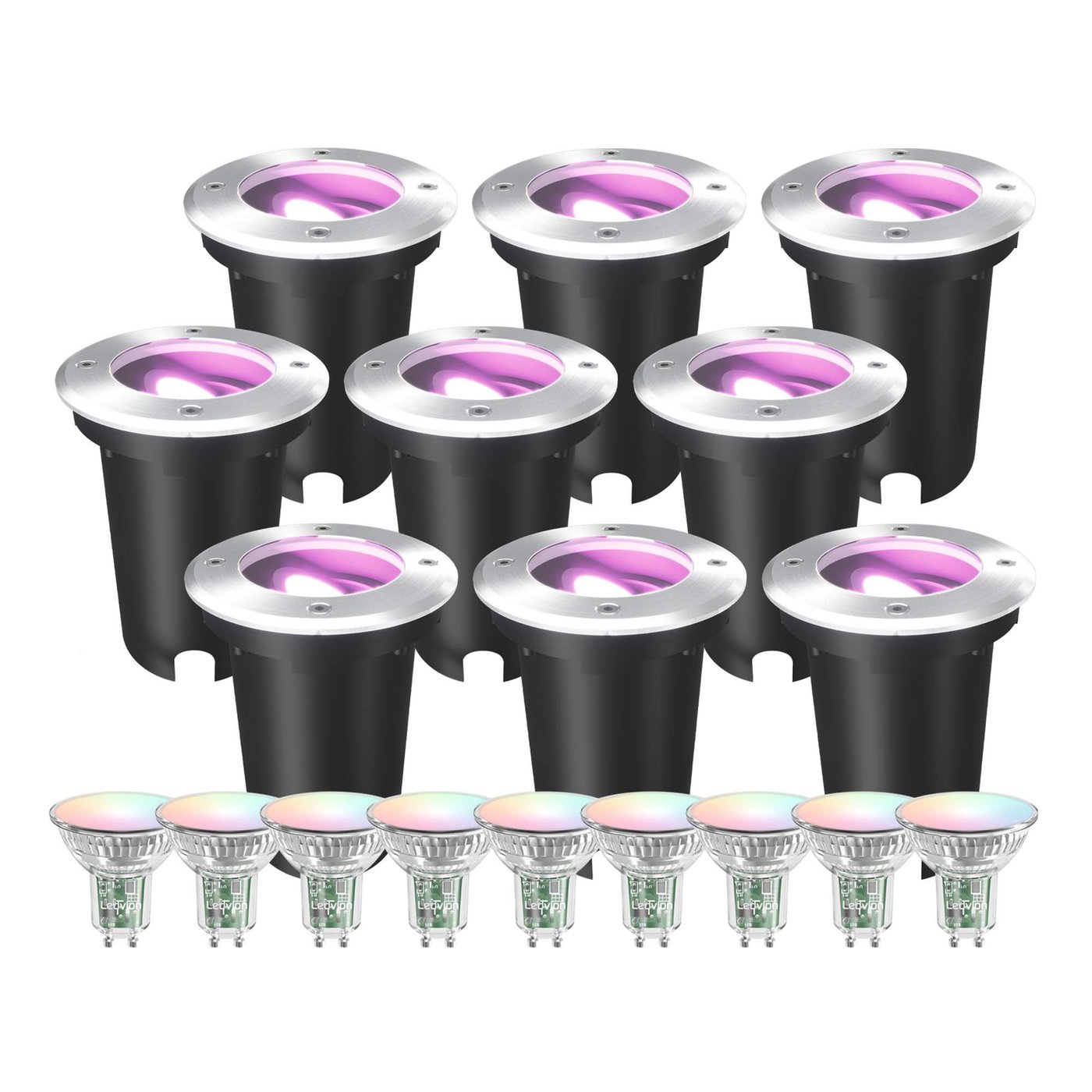 9x Spot LED Encastrable de Sol Intelligent Rond - IP67 - 4.9W - RGB+CCT - Câble 1M - Inox - Orientable