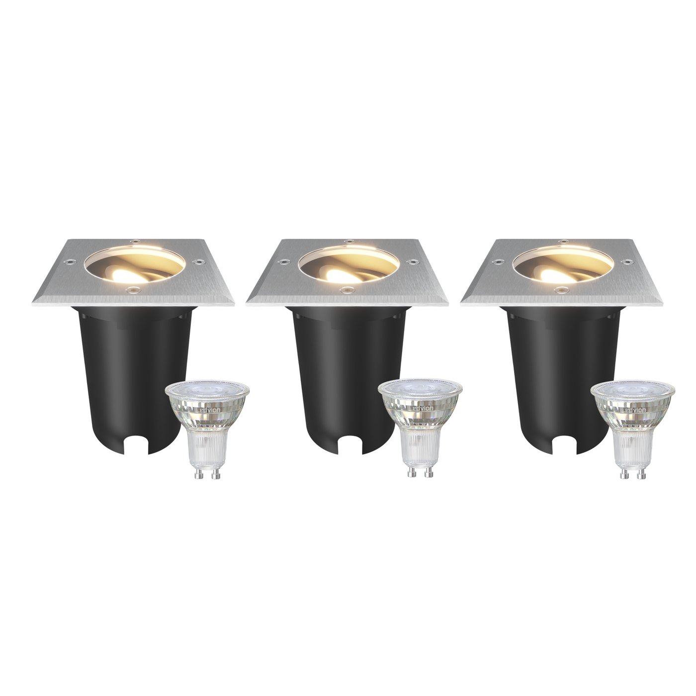 3x Spot LED Encastrable de Sol Carré - IP67 - 3W - 2700K - Câble 1M - Inox - Orientable