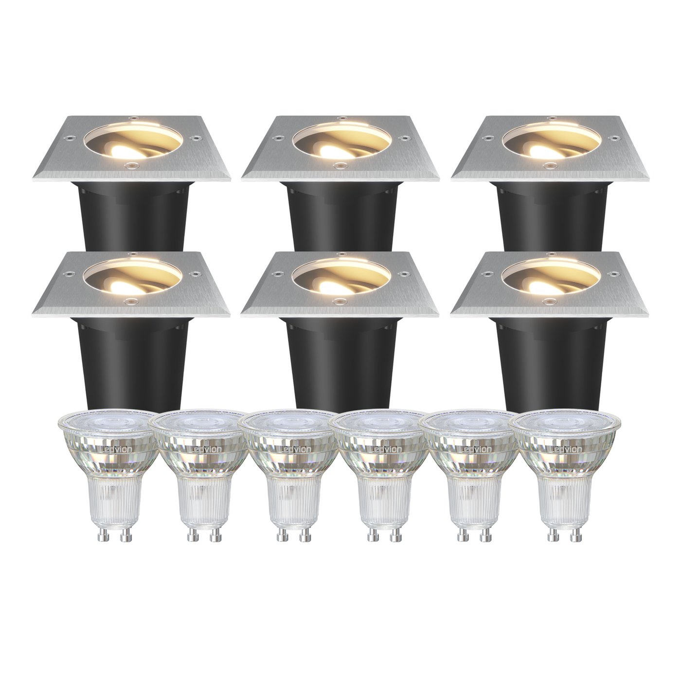 6x Spot LED Encastrable de Sol Carré - IP67 - 3W - 2700K - Câble 1M - Inox - Orientable
