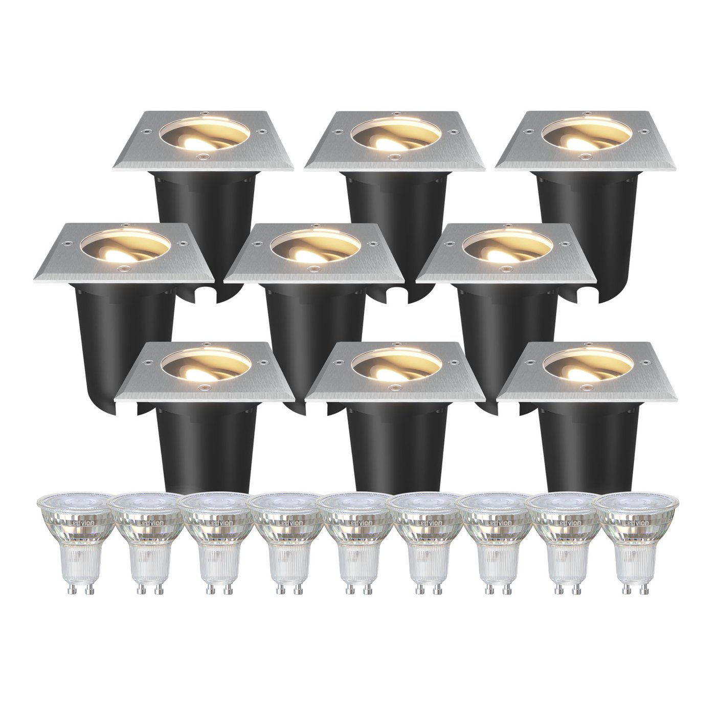 9x Spot LED Encastrable de Sol Carré - IP67 - 3W - 2700K - Câble 1M - Inox - Orientable