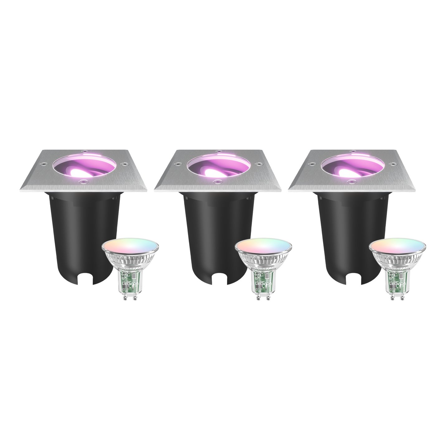 3x Spot LED Encastrable de Sol Intelligent Carré - IP67 - 4.9W - RGB+CCT - Câble 1M - Inox - Orientable
