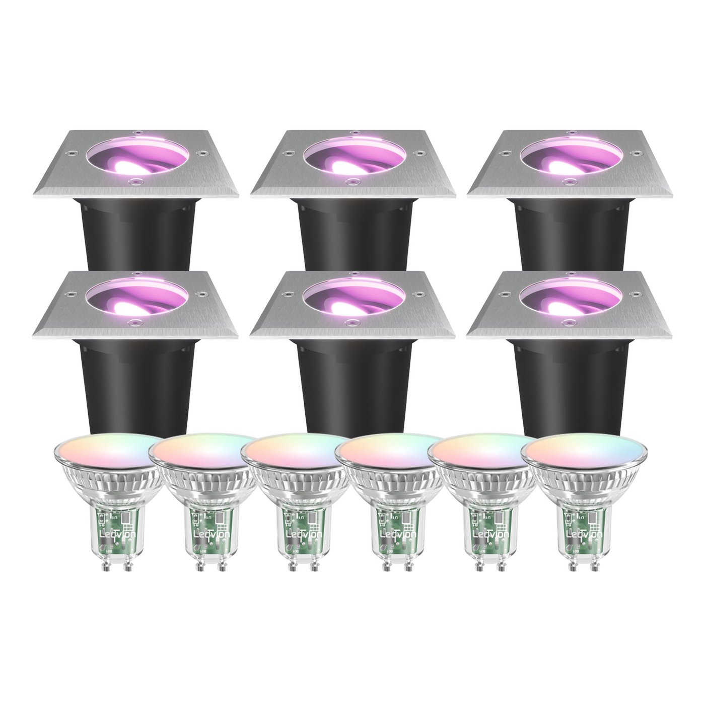 6x Spot LED Encastrable de Sol Intelligent Carré - IP67 - 4.9W - RGB+CCT - Câble 1M - Inox - Orientable