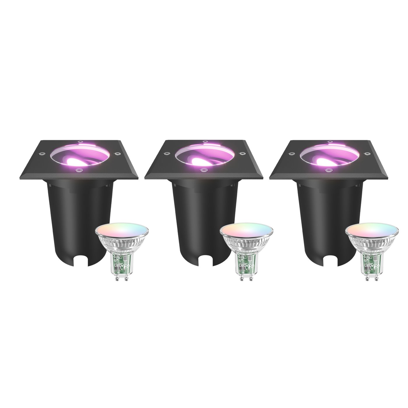 3x Spot LED Encastrable de Sol Intelligent Carré - IP67 - 4.9W - RGB+CCT - Câble 1M - Noir - Orientable