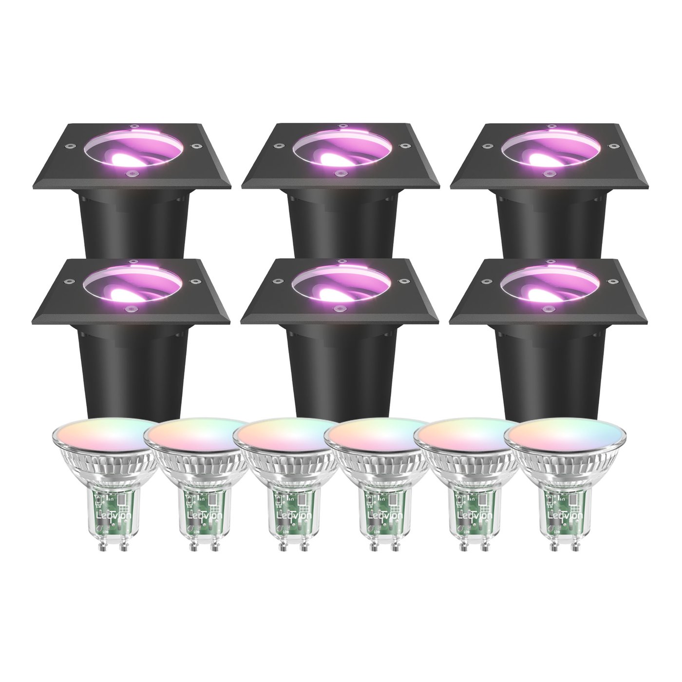 6x Spot LED Encastrable de Sol Intelligent Carré - IP67 - 4.9W - RGB+CCT - Câble 1M - Noir - Orientable