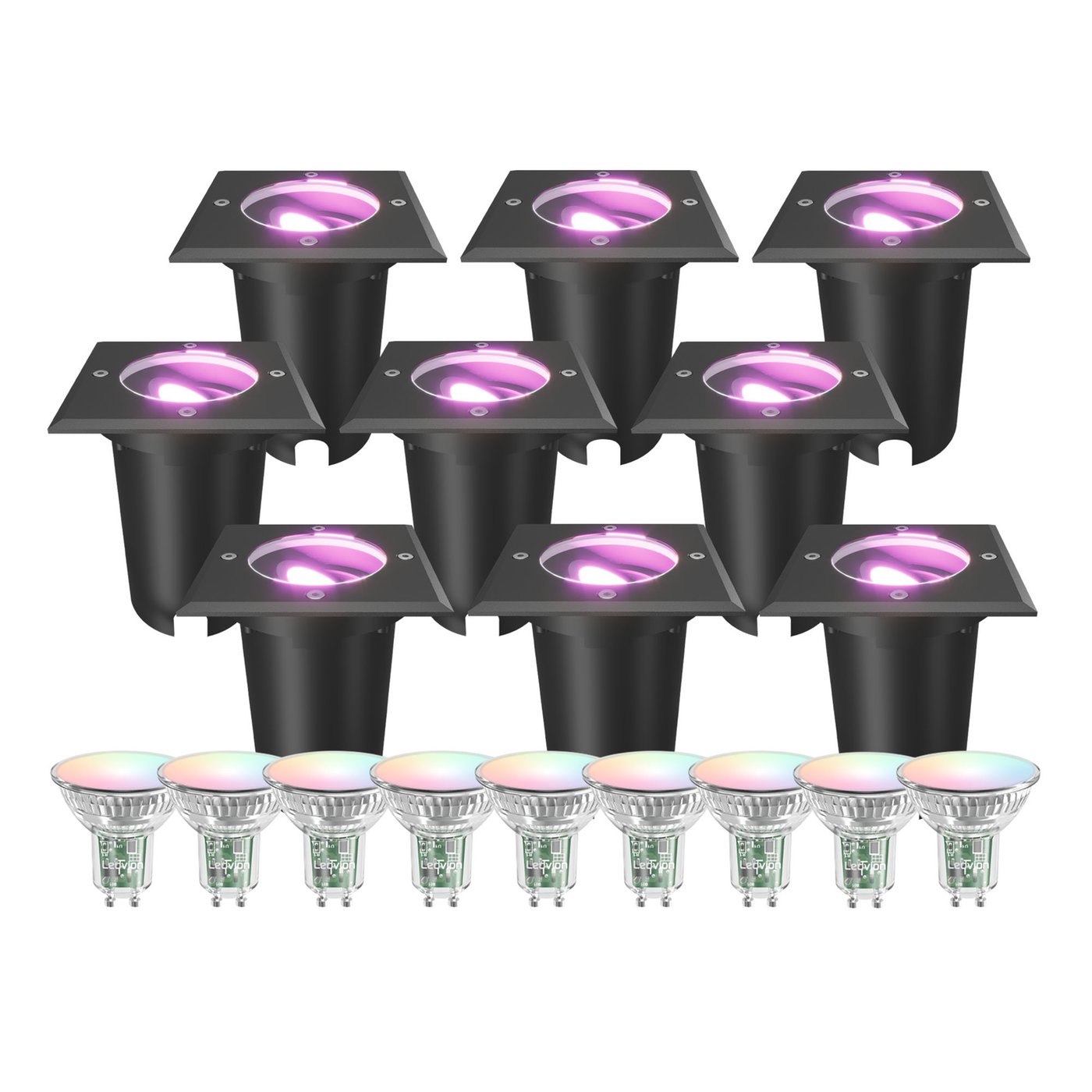 9x Spot LED Encastrable de Sol Intelligent Carré - IP67 - 4.9W - RGB+CCT - Câble 1M - Noir - Orientable