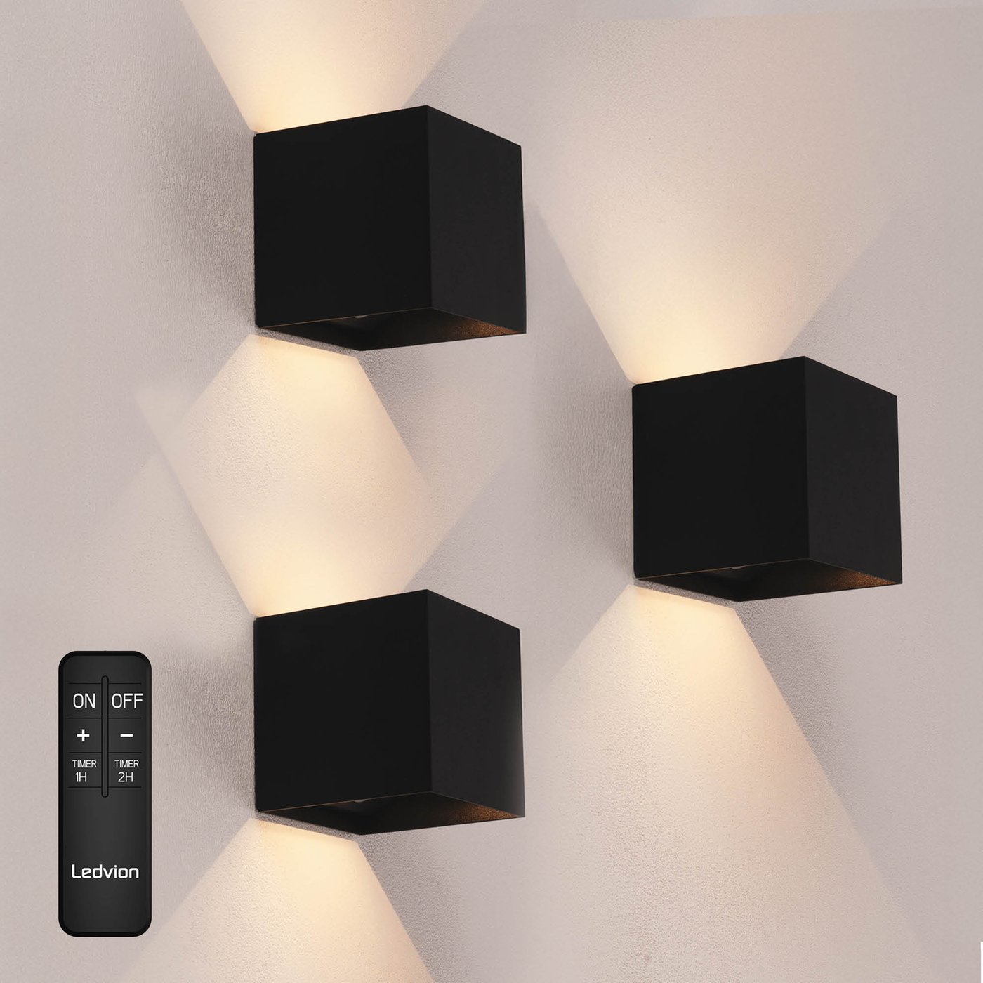 3x Aplique de Pared Recargable por USB-C - 2W - 150 Lumens - 2700K - IP44 - Inalámbrico - Batería 1300 mAh - Aluminio - Negro