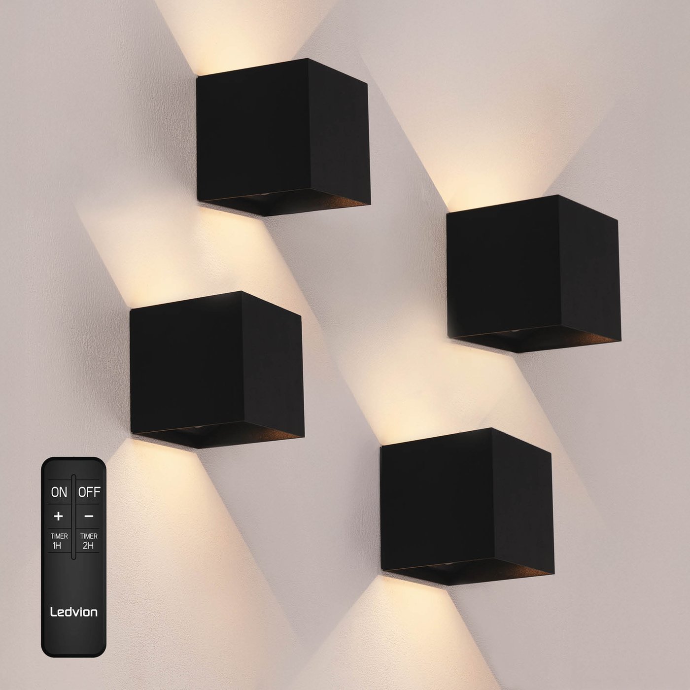 4x Aplique de Pared Recargable por USB-C - 2W - 150 Lumens - 2700K - IP44 - Inalámbrico - Batería 1300 mAh - Aluminio - Negro
