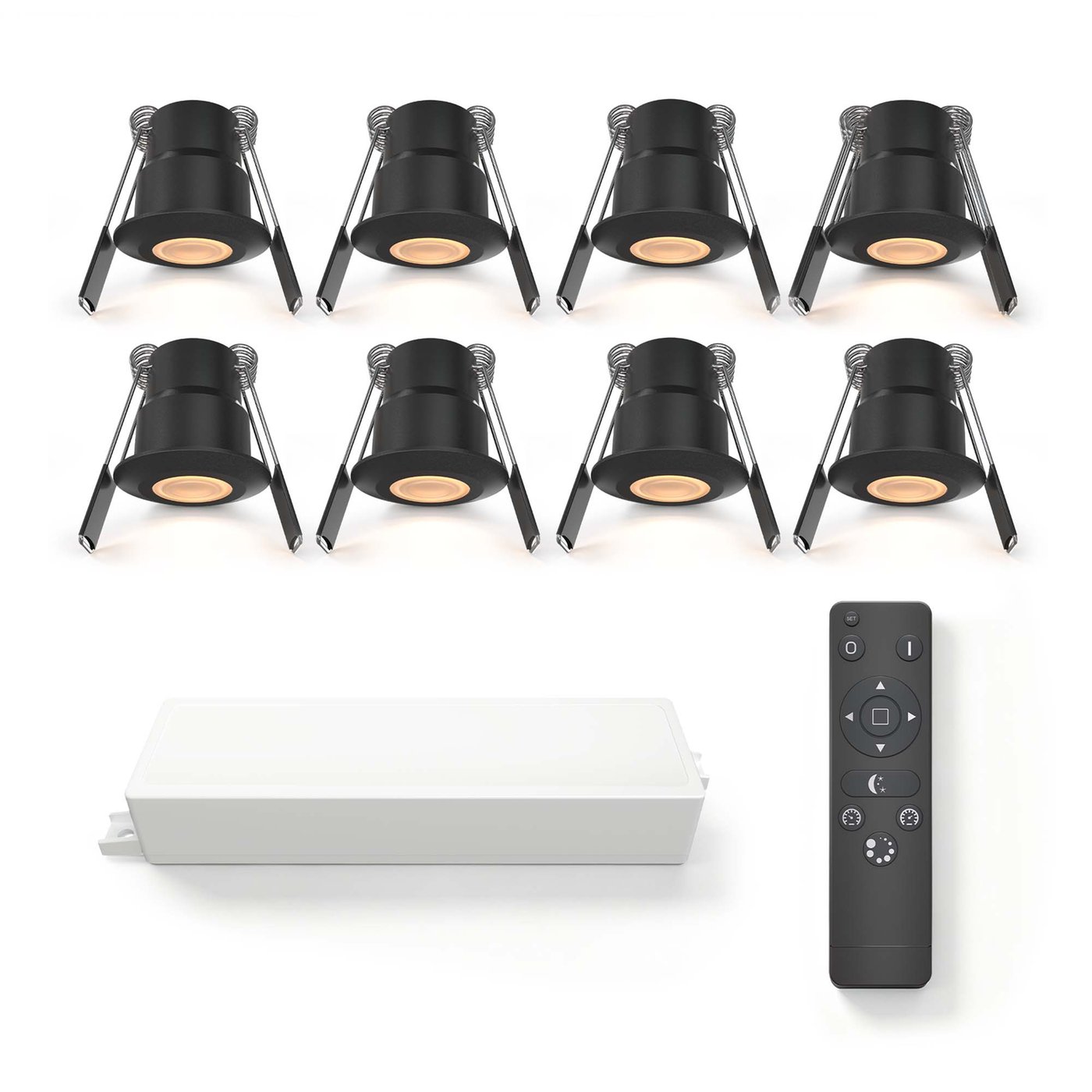 8x Mini oprawy wpuszczane LED - Ø35mm - IP65 - 2700K - Czarne - 3W - 5 lat gwarancji - Pilot w zestawie