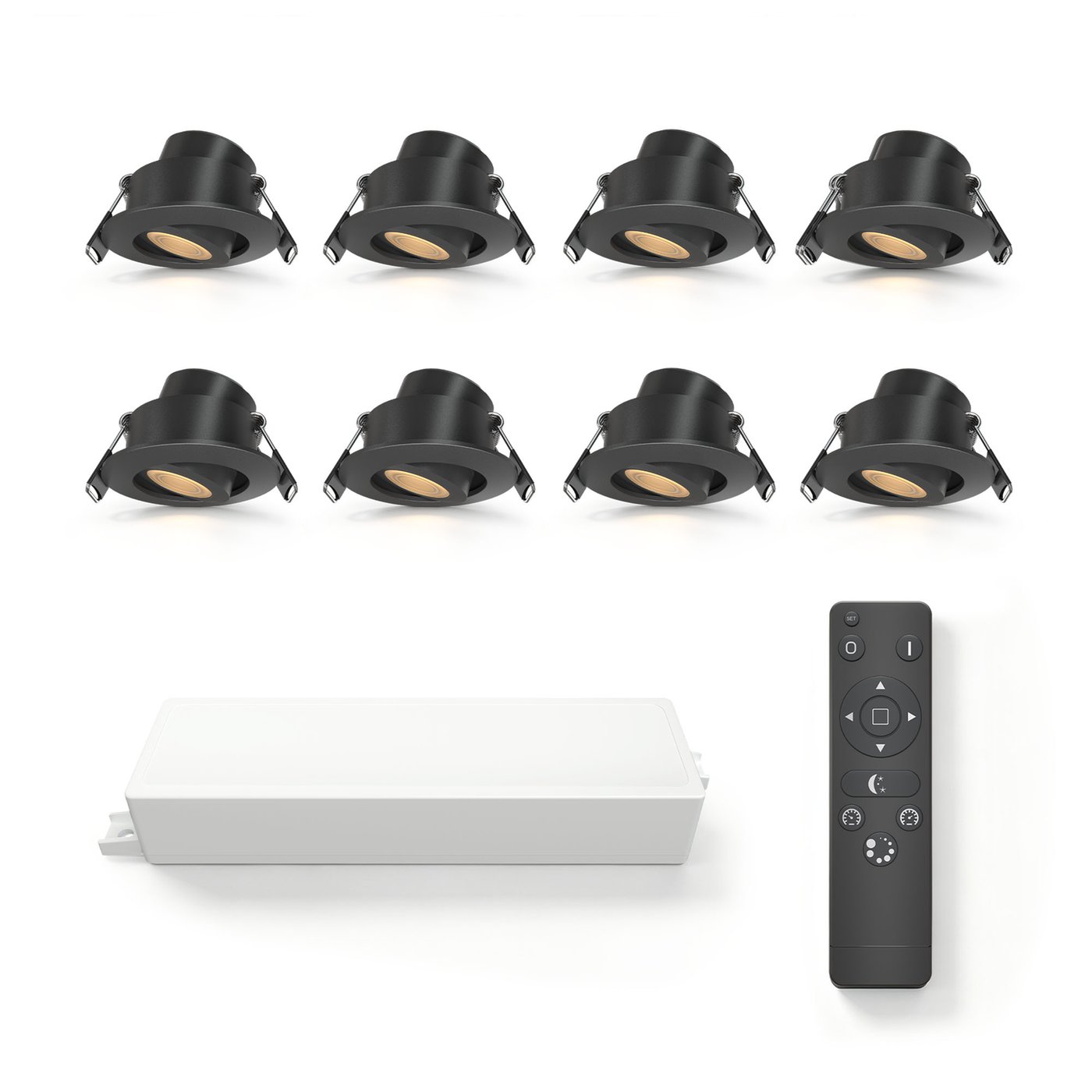 8x Outdoor Recessed Downlights - Ø42mm - IP65 - 2700K - Adjustable - Black - 3W - 5 Year Warranty - Incl. Remote Control