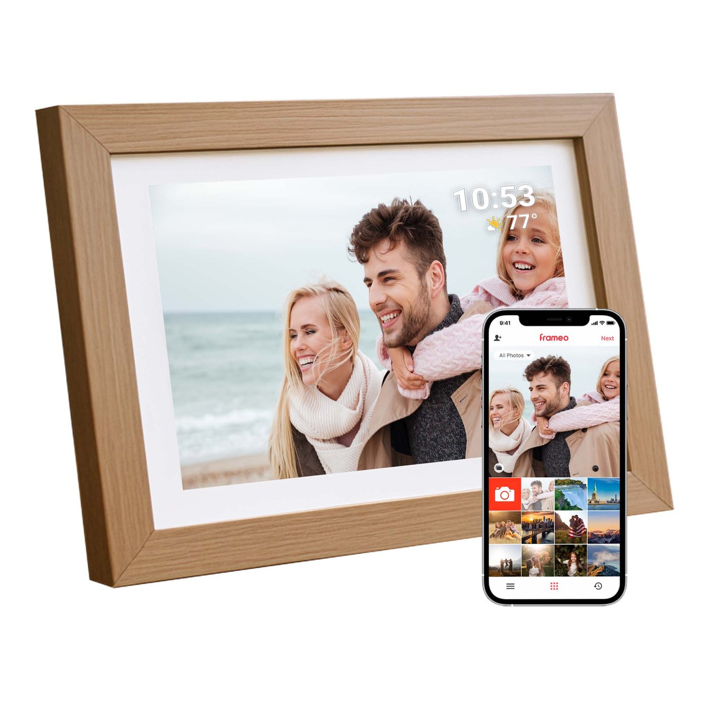 Cornice Digitale - WiFi e App Frameo - Cornice Fotografica 10 Pollici - Touchscreen - Legno