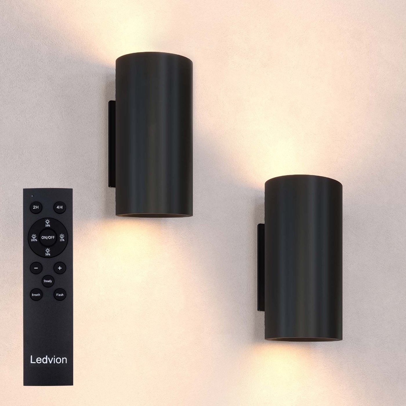 2x LED Wandleuchte USB Aufladbar mit Fernbedienung - Schwarz – Kabellos – Dimmbar - 2700K  - 4400-mAh-Akku - Für den Innen- und Außenbereich geeignet - Rund