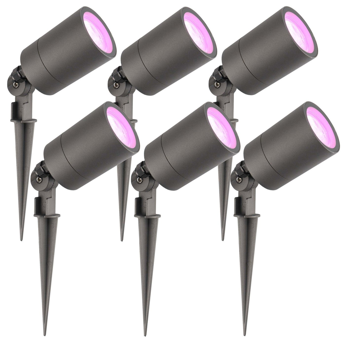6-pack Smart LED markspotlights – IP65 – 4.9 W – RGB+CCT – 2 m kabel med stickpropp – antracit