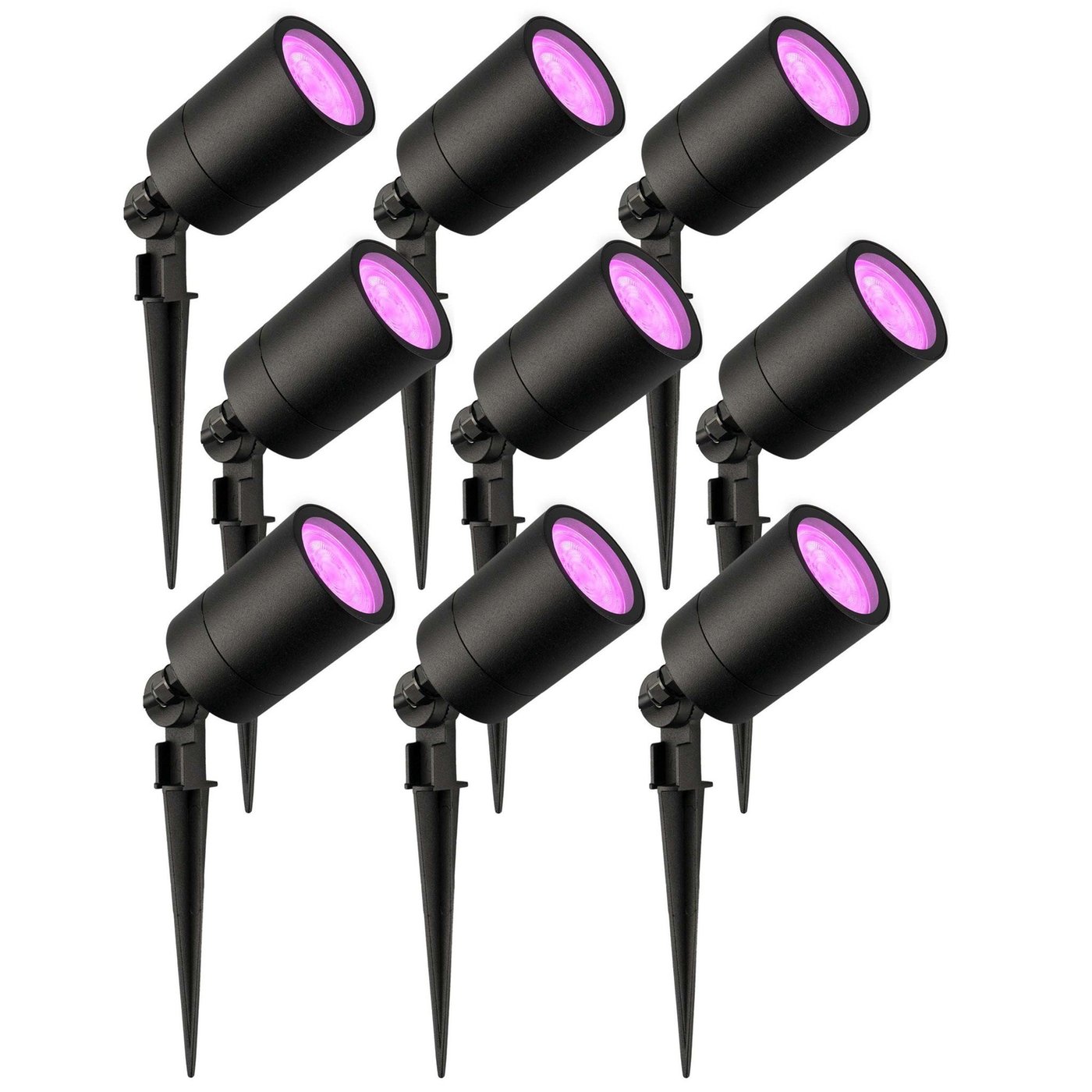 9x Smart LED Garden Spike Lights GU10 - 4.9W - RGB+CCT - IP65 Rated for Outdoor/Exterior Use - Black - 1 Metre Cable - 220-240V Mains Powered