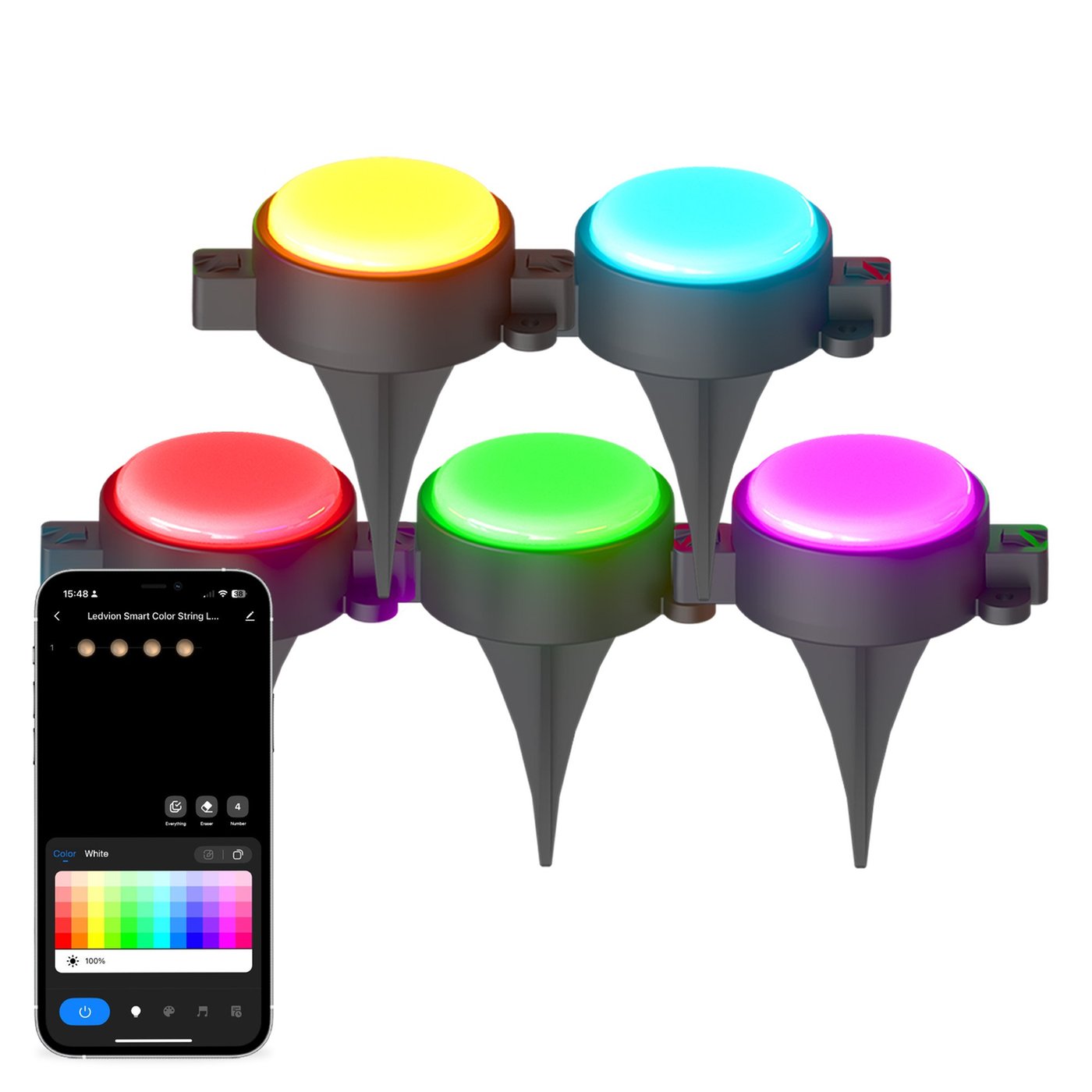 15 m smart LED-markspotset + 3 m anslutningskabel – 24 W – RGBIC – IP65 – kopplingsbar – plug & play