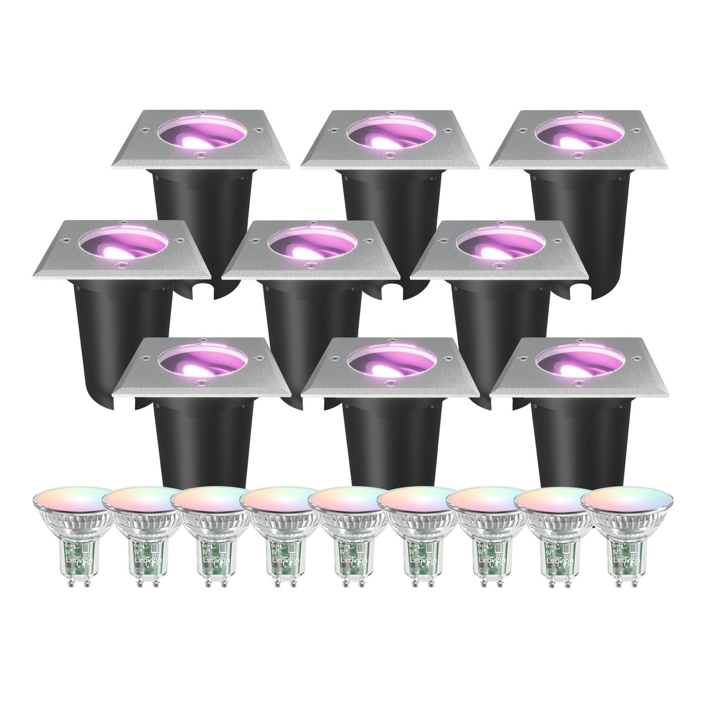 9-pack Smart LED Markspot Fyrkantig – IP67 – 4.9W – RGB+CCT – 1 m kabel – rostfritt stål – vinklingsbar