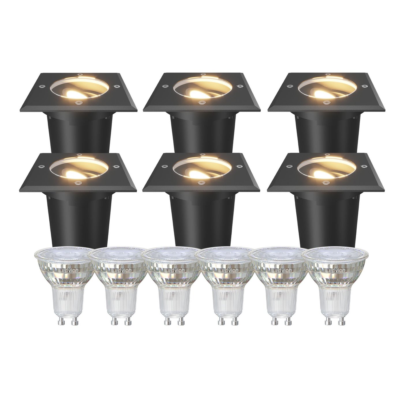 6x LED Bodeneinbaustrahler Quadratisch - IP67 – 3W - 2700K – 1M Kabel - Schwarz - Schwenkbar