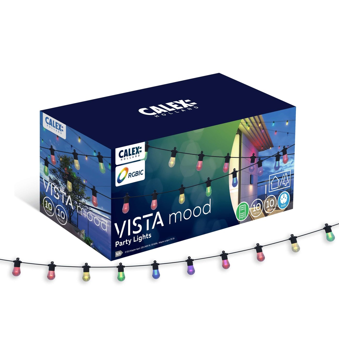 10m Calex Vista Lichterkette + 5 m Anschlusskabel - IP44 - Koppelbar - RGBIC + CCT - Inkl. 10 Lampen