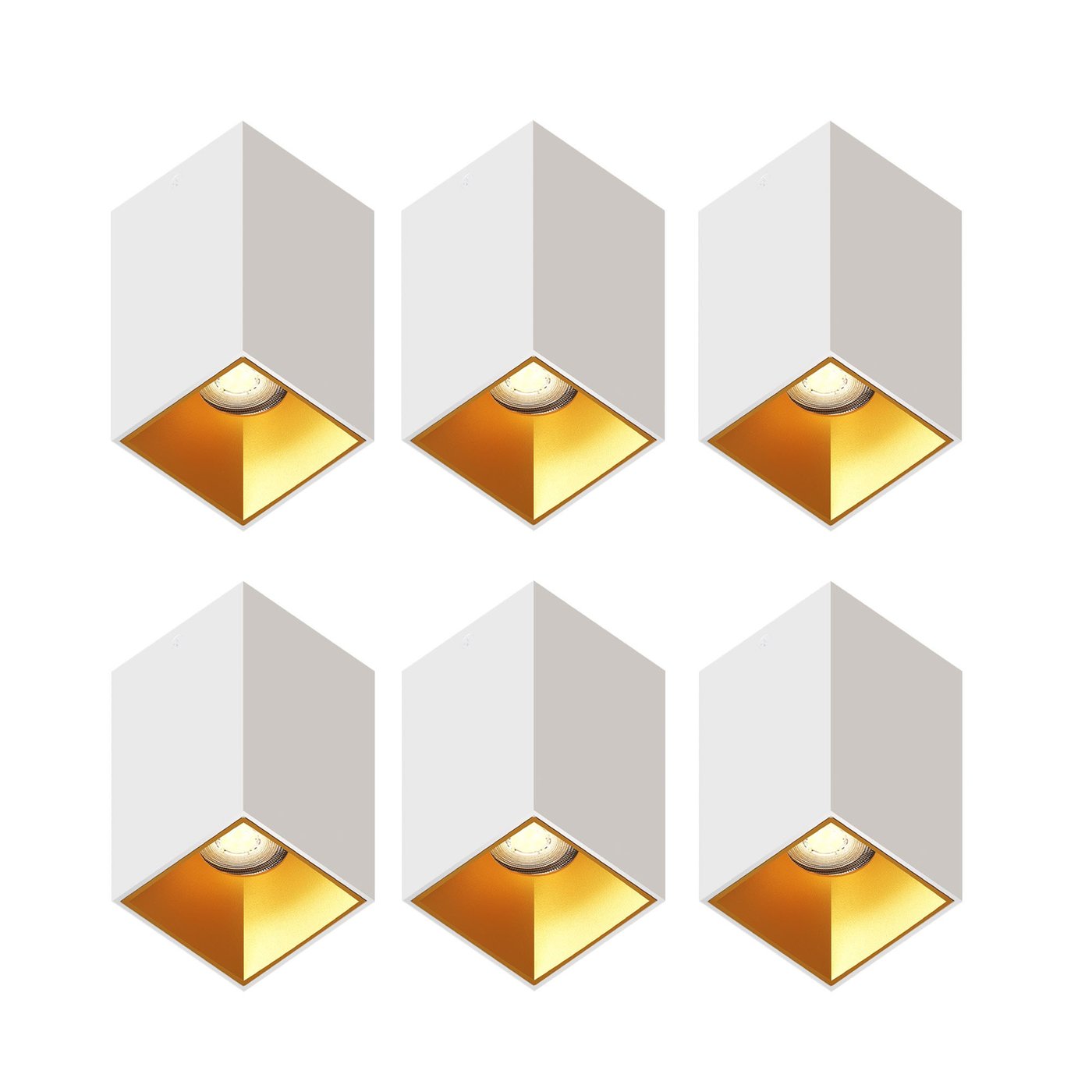 Dæmpbare LED påbygningsspots – Hvid/Guld – Firkantet – 3W – 2700K – 345 lumen – 80x80 mm – 6-pak