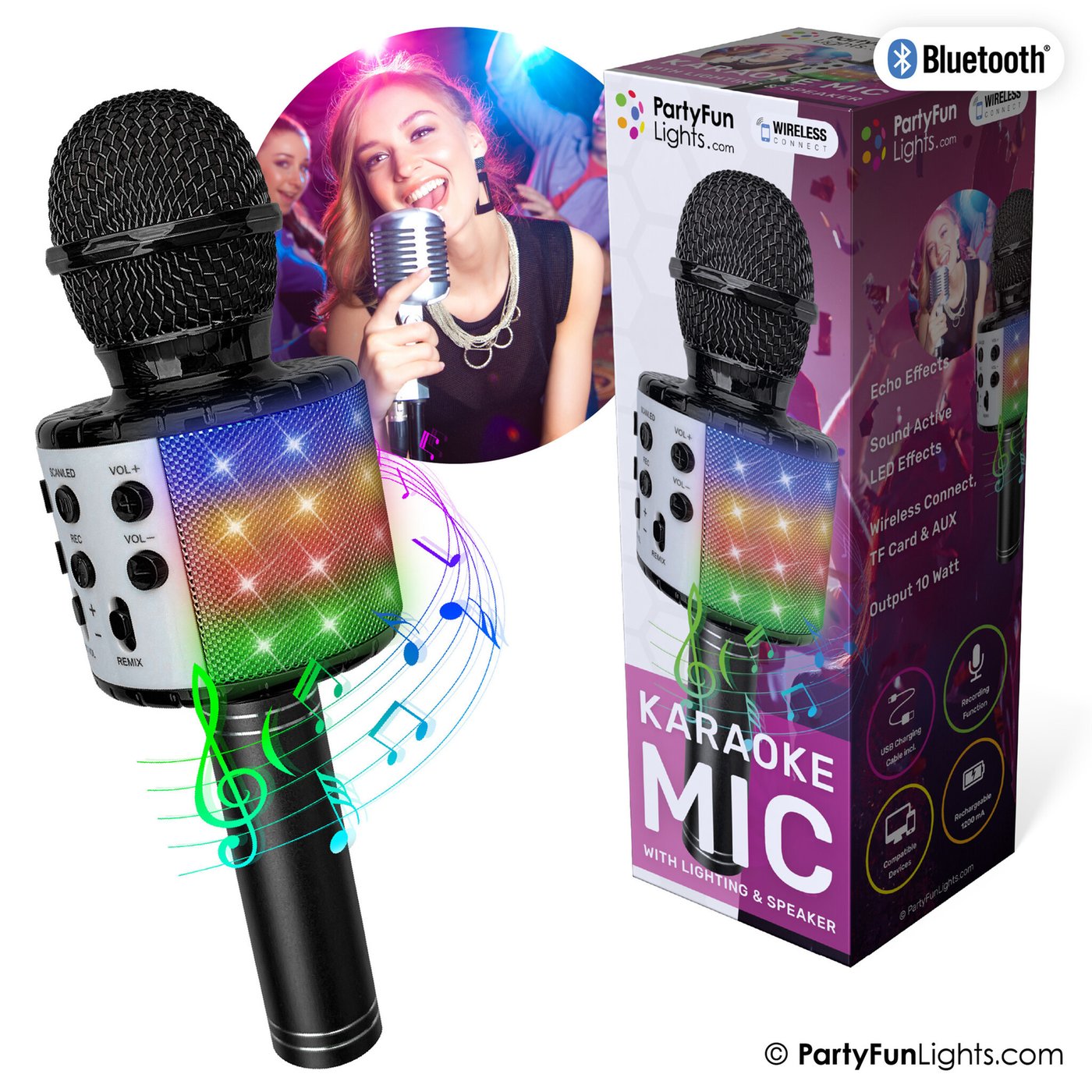 TOSING 008 Microfono Karaoke Wireless Bluetooth 2x5W – Doppio Altoparlante, Bassi Potenti, EOV, Compatibile Con Android/PC, Connettore AUX 3.5mm, Nero