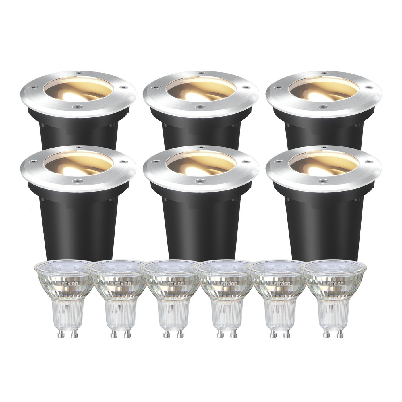 6x LED Bodeneinbaustrahler Rund - IP67 – 3W - 2700K – 1M Kabel - Edelstahl - Schwenkbar
