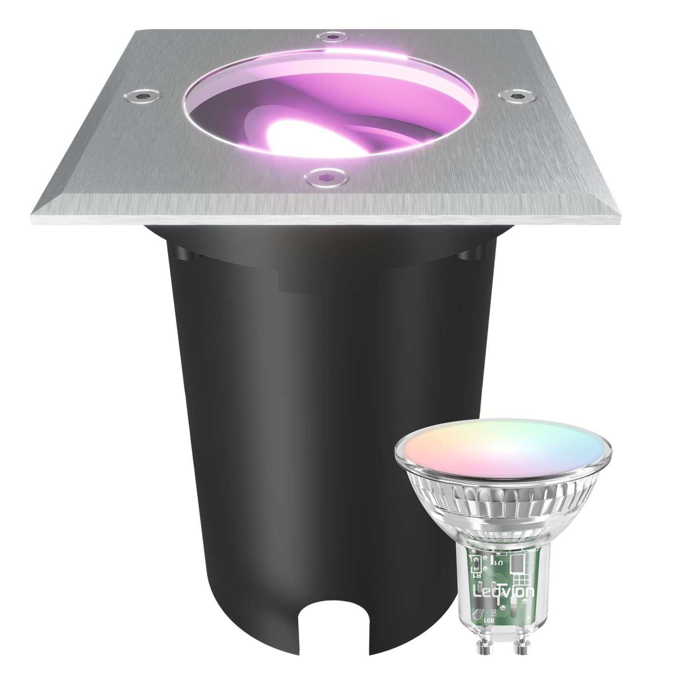 Smart LED-markspot fyrkantig – IP67 – 4.9W – RGB+CCT – 1 m kabel – rostfritt stål – vinklingsbar