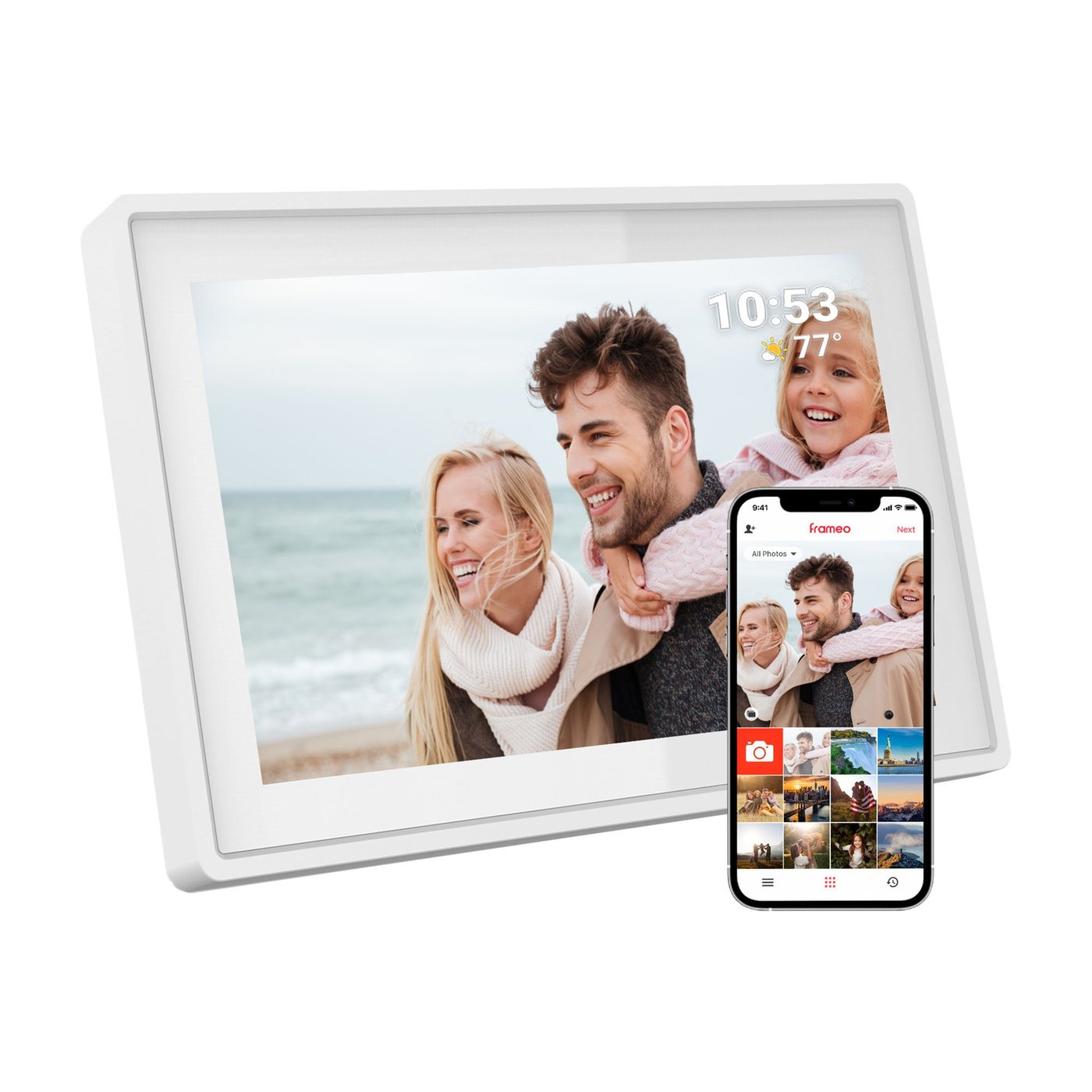 Digital fotoram – WiFi och Frameo-app – 10-tums fotoframe – Pekskärm – Vit