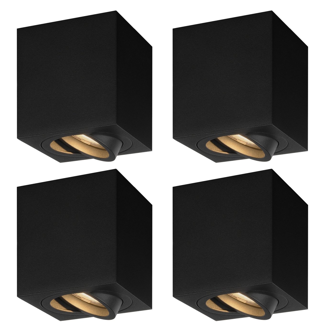 4x Dimmbare LED Aufbaustrahler - Quadratisch - Schwarz - 3W - 2700K - Kippbar - IP20