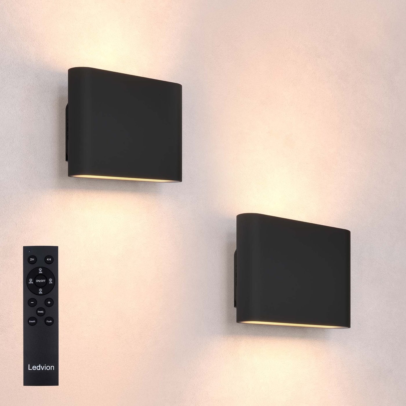 2x LED Wandleuchte USB Aufladbar mit Fernbedienung - Schwarz – Kabellos – Dimmbar - 2700K  - 4400-mAh-Akku - Für den Innen- und Außenbereich geeignet - Oval