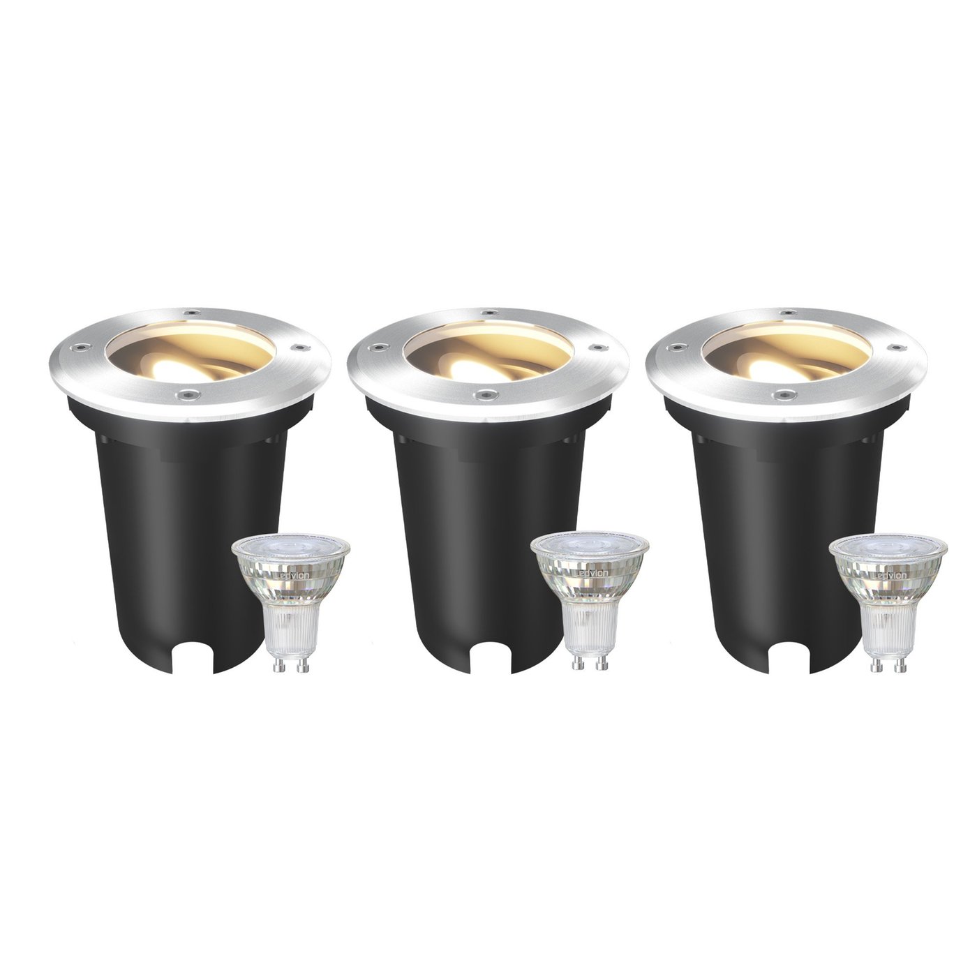3x LED Bodeneinbaustrahler Rund - IP67 – 3W - 2700K – 1M Kabel - Edelstahl - Schwenkbar