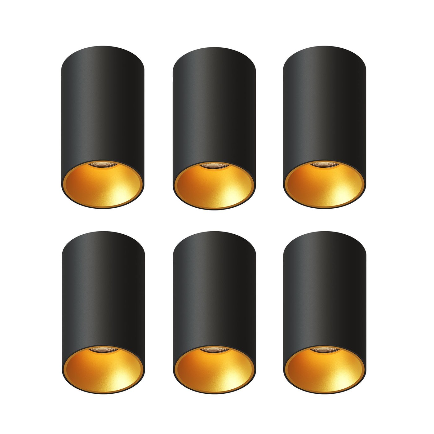 6x Spot LED en saillie - Dimmable - Noir / Doré - Rond - 3W - 2700K - 345 Lumens - ø80 mm