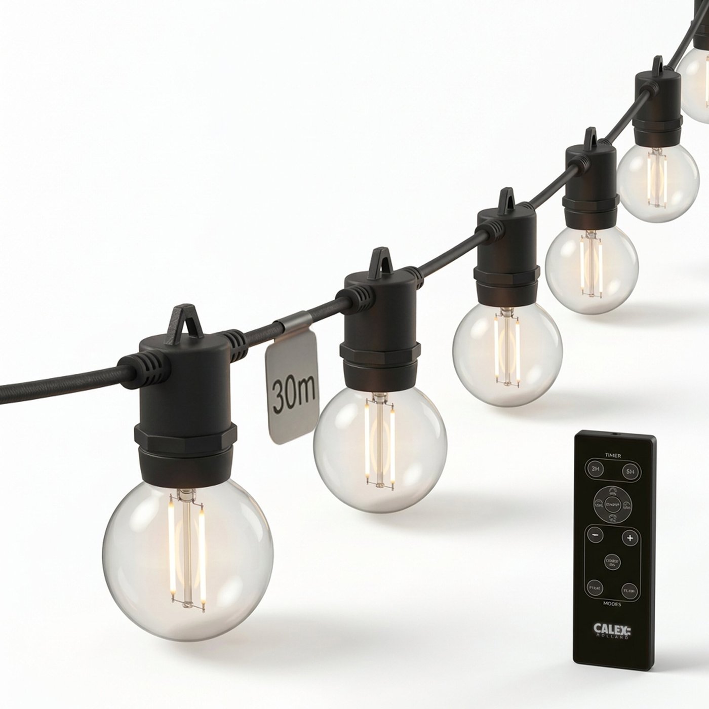 30 m Calex Vista LED ljusslinga med fjärrkontroll + 3 m anslutningskabel – IP54 – kopplingsbar – 2700K – inkl. 50 lampor