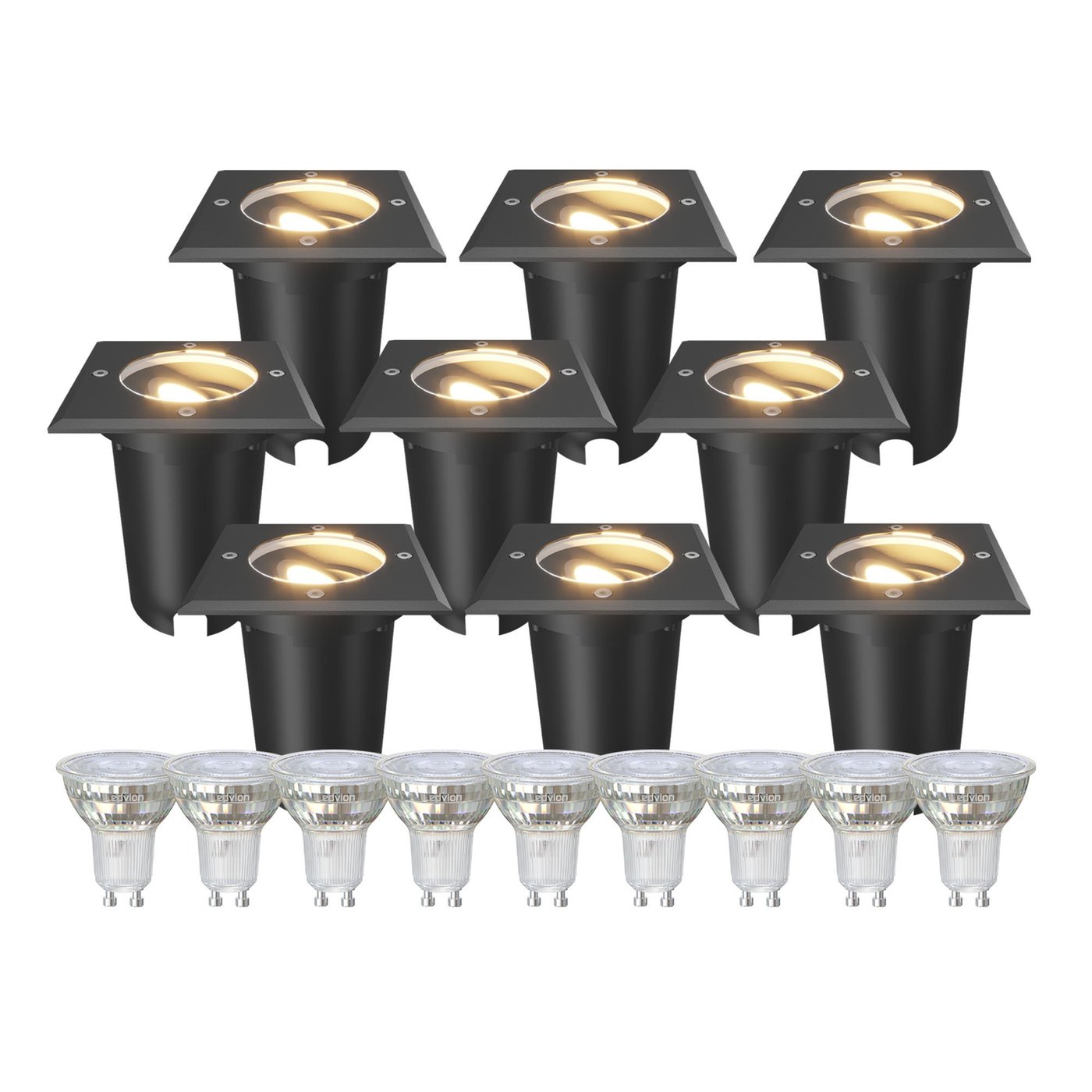 9x LED Bodeneinbaustrahler Quadratisch - IP67 – 3W - 2700K – 1M Kabel - Schwarz - Schwenkbar