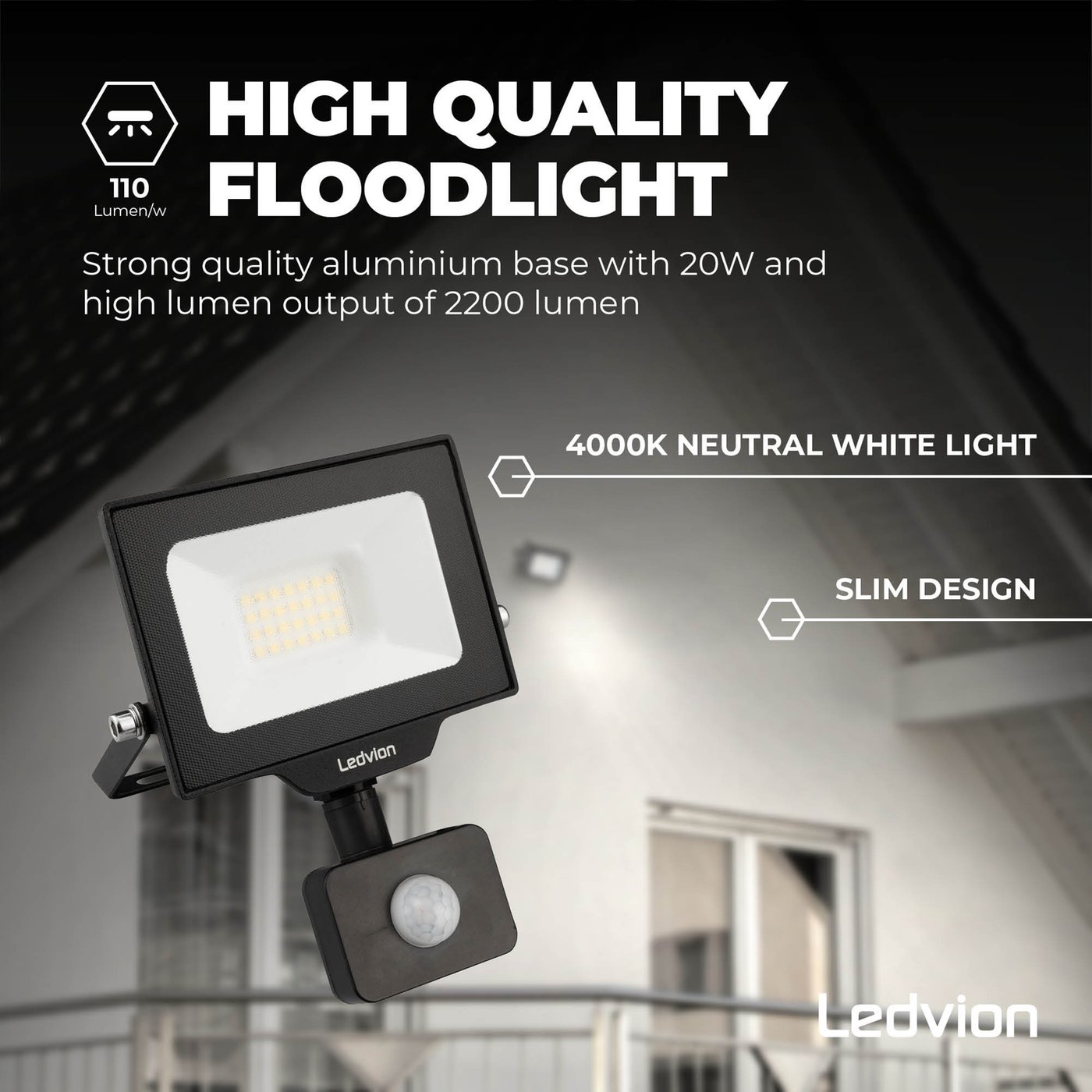 Faro Led Flood Light Slim 30W IP65 Neutro 4000K Carcassa Bianca Con Sensore PIR Di Movimento E - Foto 5