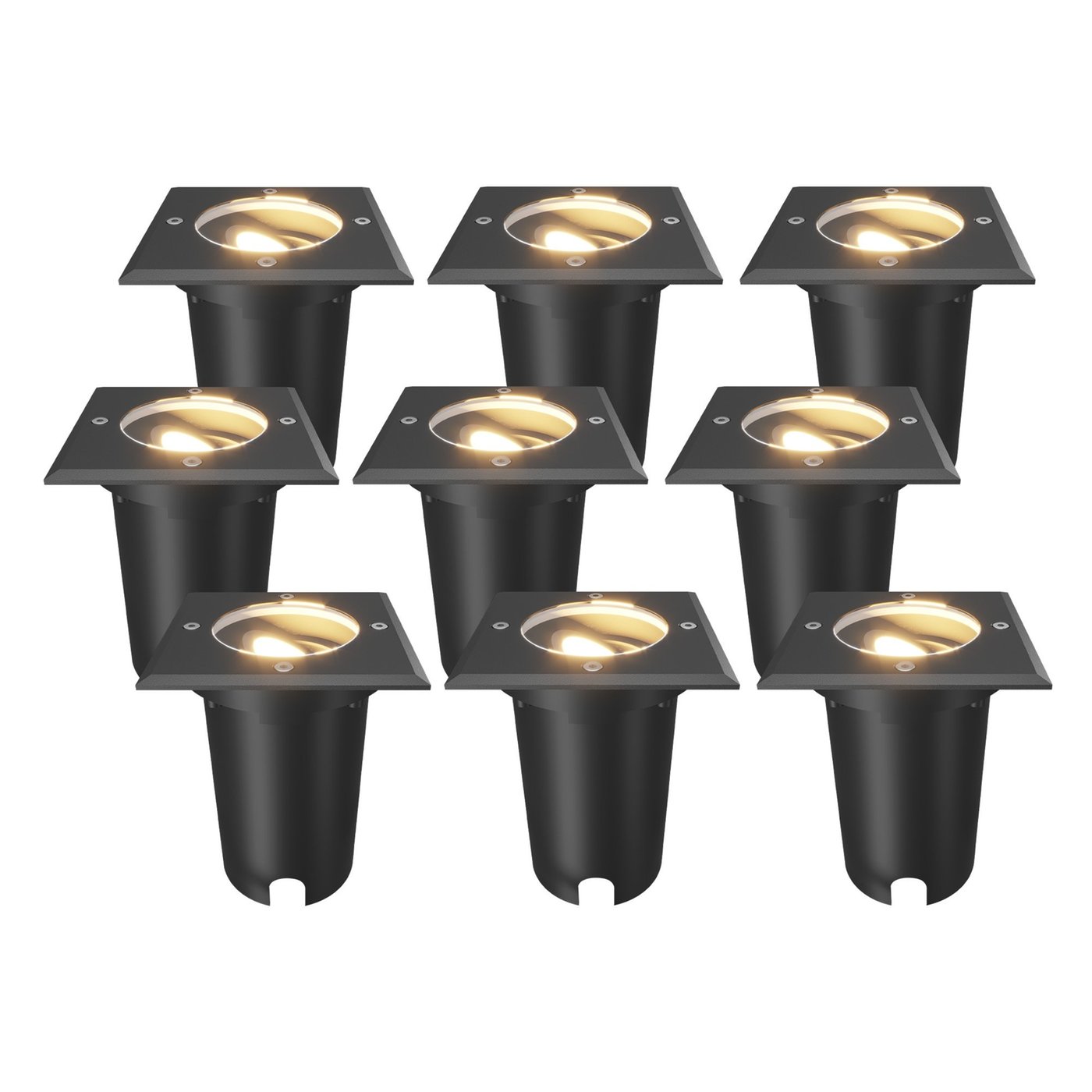 9x LED Bodeneinbaustrahler Quadratisch - IP67 – GU10 – Schwarz – 1M Kabel - Schwenkbar