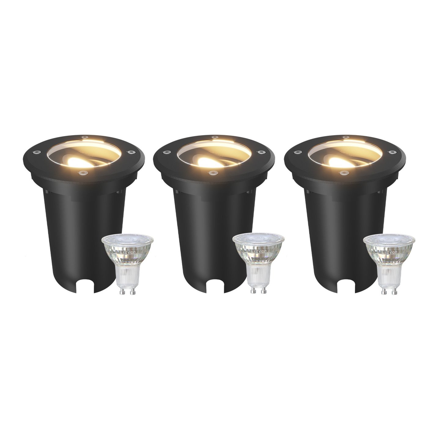 3x LED Bodeneinbaustrahler Rund - IP67 – 3W - 2700K – 1M Kabel - Schwarz - Schwenkbar