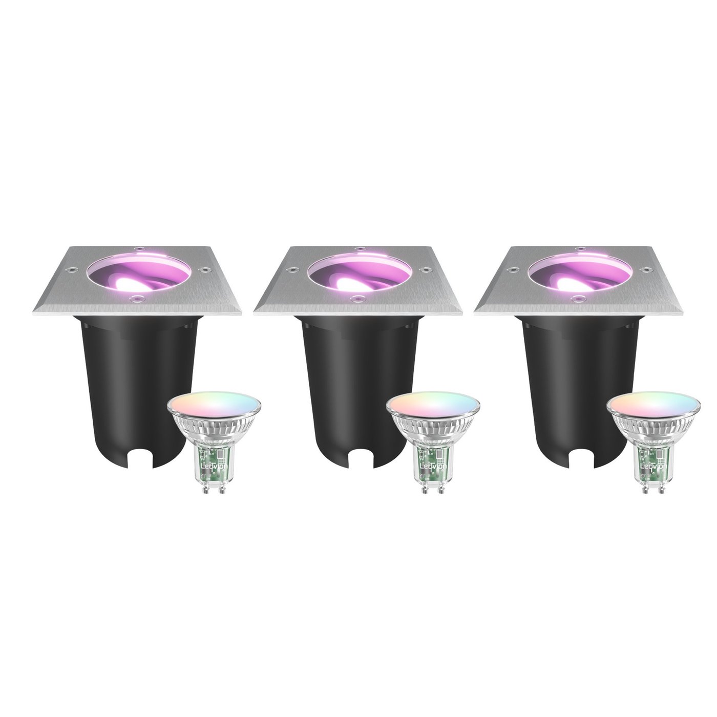 3x Smart LED-markspot fyrkantig – IP67 – 4.9 W – RGB+CCT – 1 m kabel – rostfritt stål – vinklingsbar