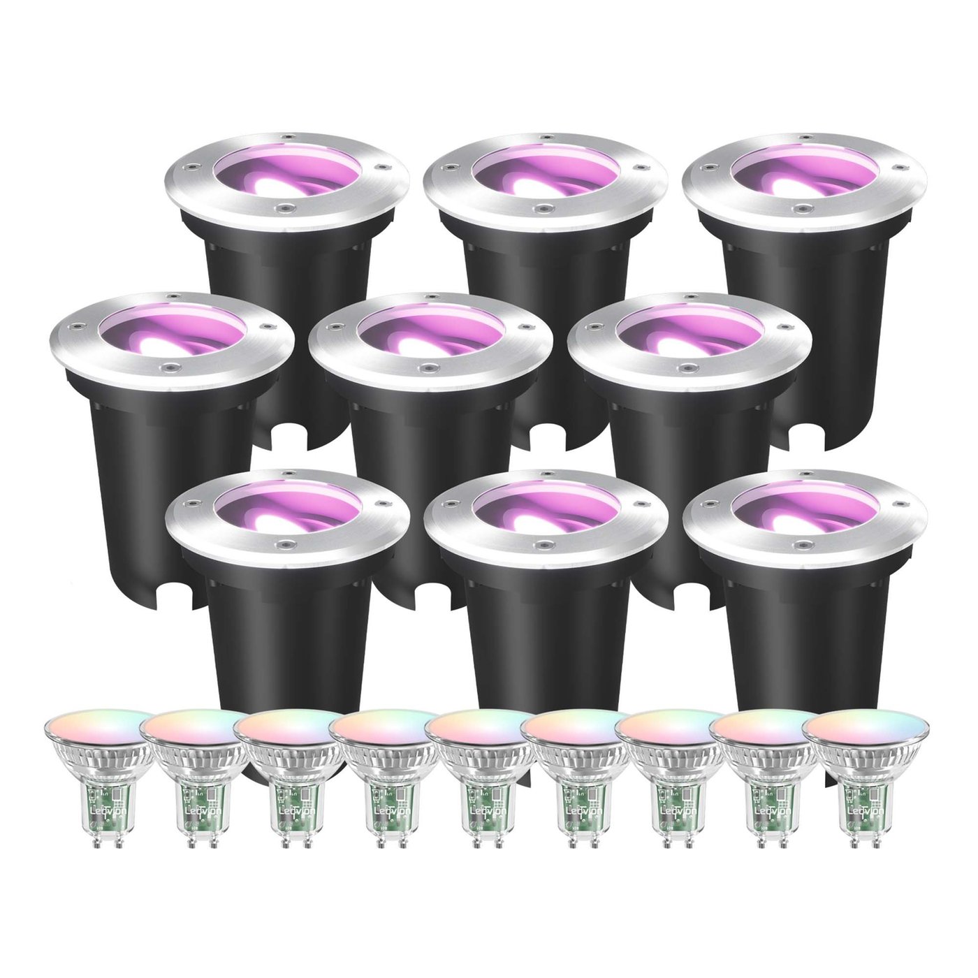 9x Smart LED Outdoor Ground Light Round – IP67 – 4.9W – RGB+CCT – 1M Cable – Stainless Steel – Tiltable