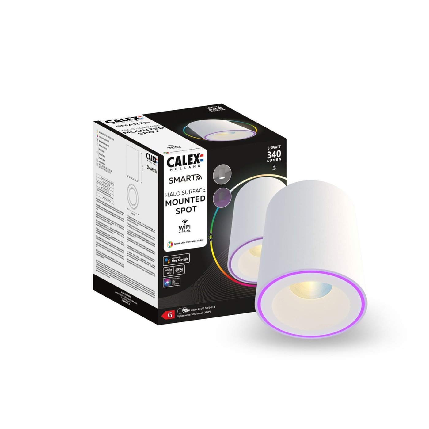 Calex Spot LED en saillie LED Halo Blanc - Smart WiFi - 6.5W - RGB+CCT - Ø100mm