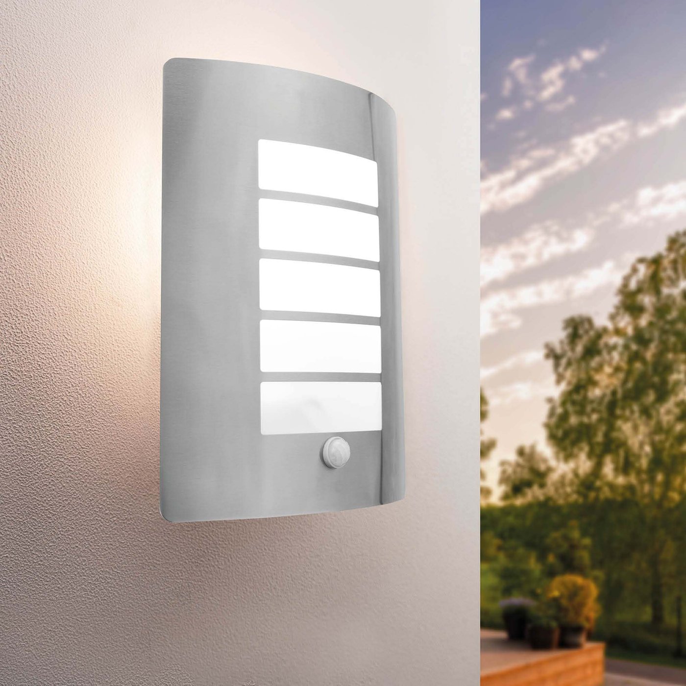 Applique d'extérieur avec Detecteur de Mouvement - IP44 - Raccord E27 - Acier Inox - Convient pour l'intérieur et l'extérieur